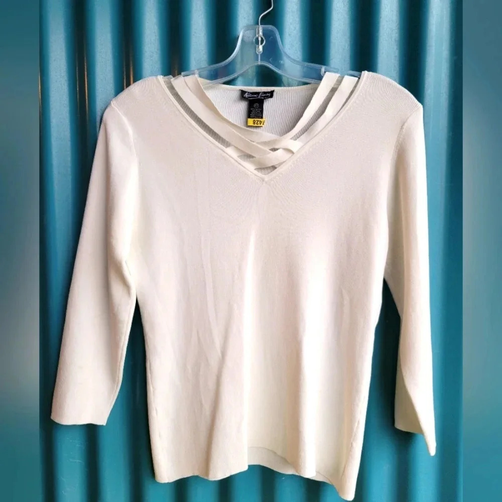 Vintage Katharine  Barlay White Sweater Long Sleeves Cross straps front Medium
